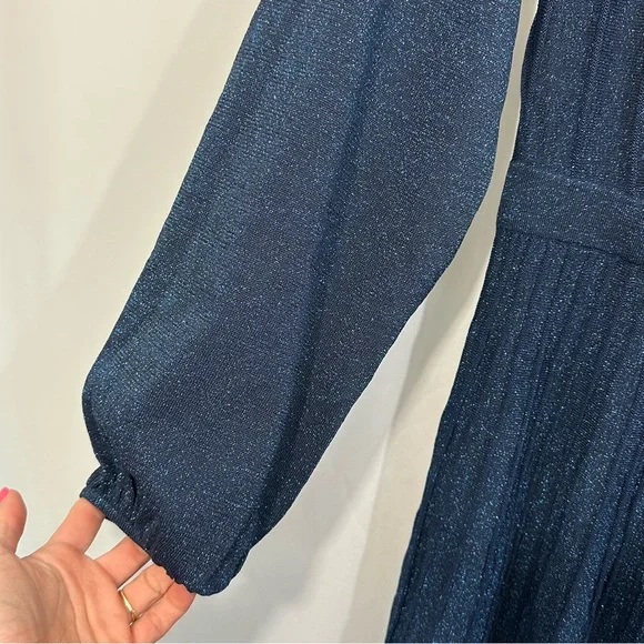 THE FOLD London Lumia Knitted Long Sleeve Pleated Midi Dress in Metallic Blue - Picture 7 of 16